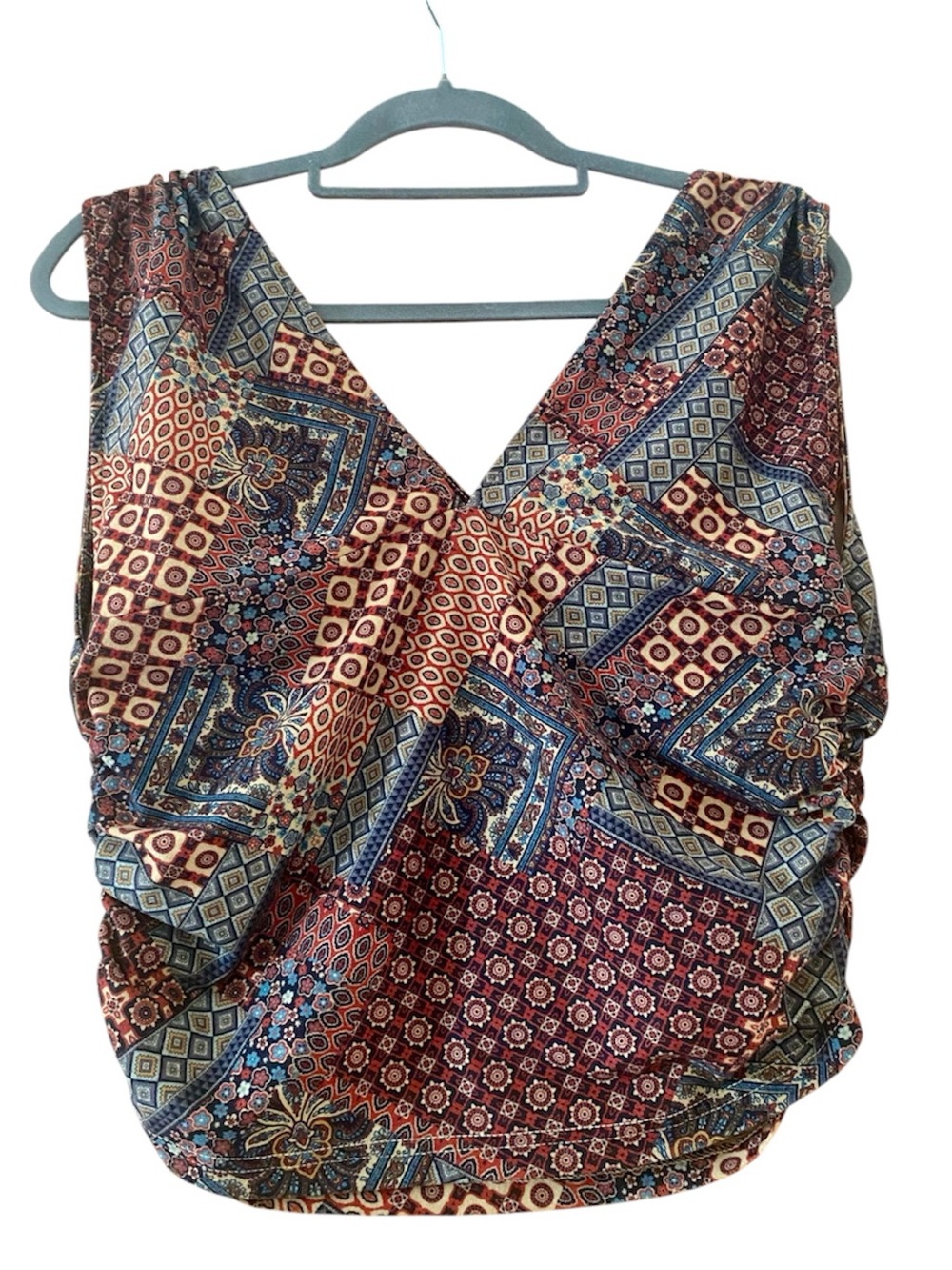 Cider XL Patchwork Paisley Ruched V Neck Sleeveless Crop Top Boho